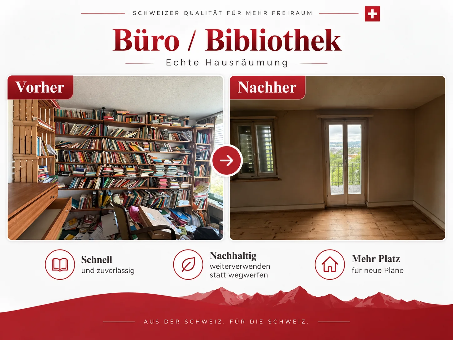 Hausräumung nach Todesfall mit Bibliothek vorher und leerem Raum nachher