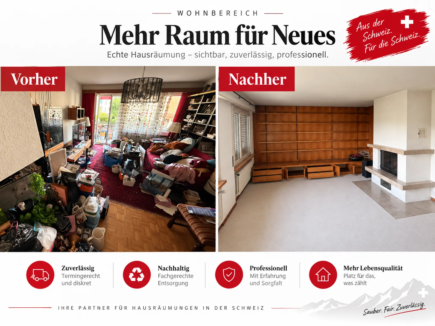 Hausräumung Wohnzimmer vorher und nachher